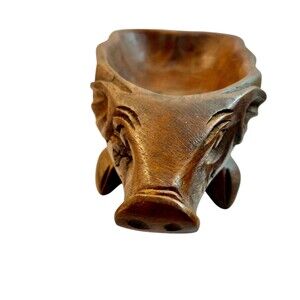 Pig Bowl Wooden Hand Carved Farmhouse Decor Rustic Planter 8.75 Long